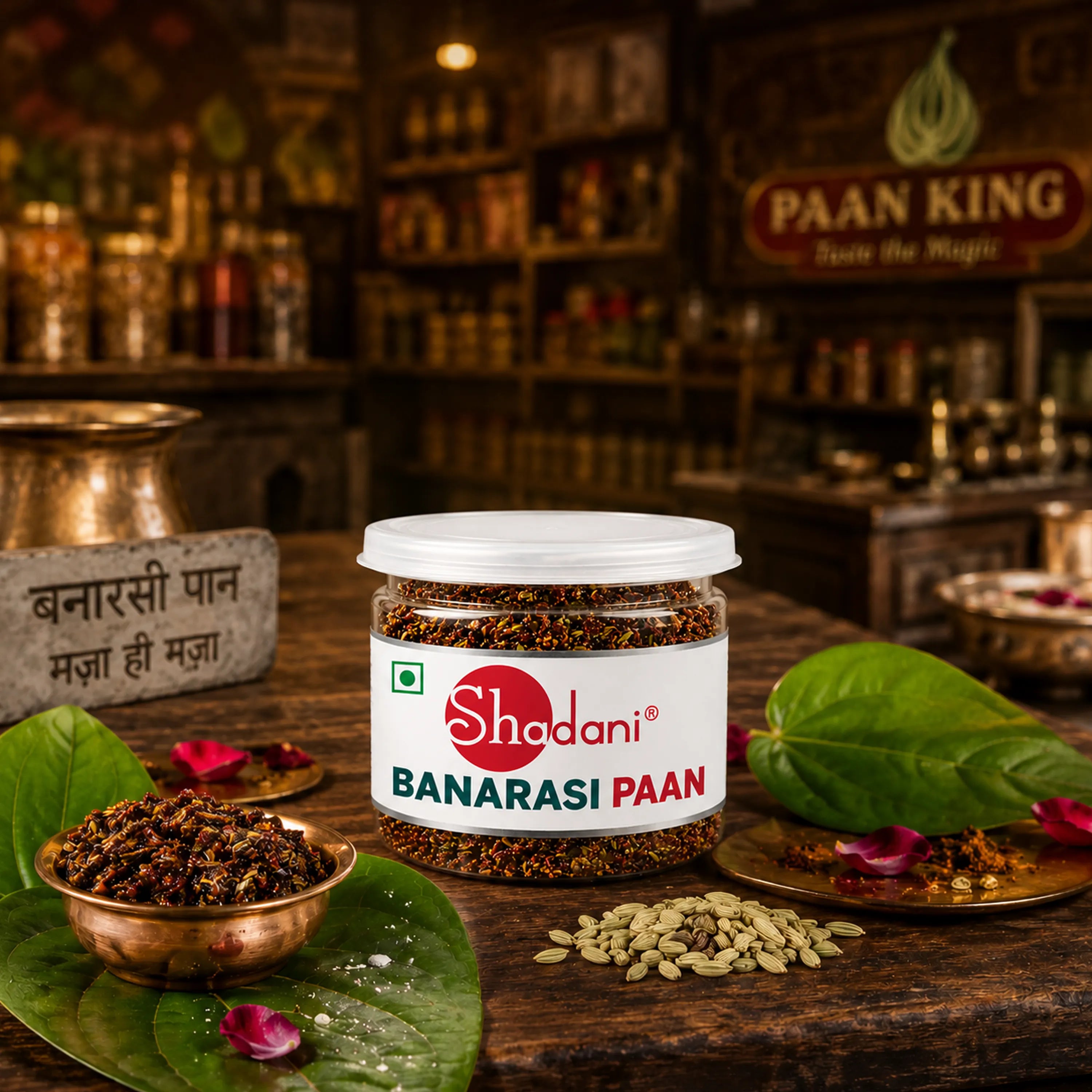 A jar of Shadani Banarasi Paan placed on a rustic wooden table with green leaves, small copper bowls, and loose capsules around it. The background is a warm, blurred traditional Indian setting with shelves and signage, including a visible Paan King sign.