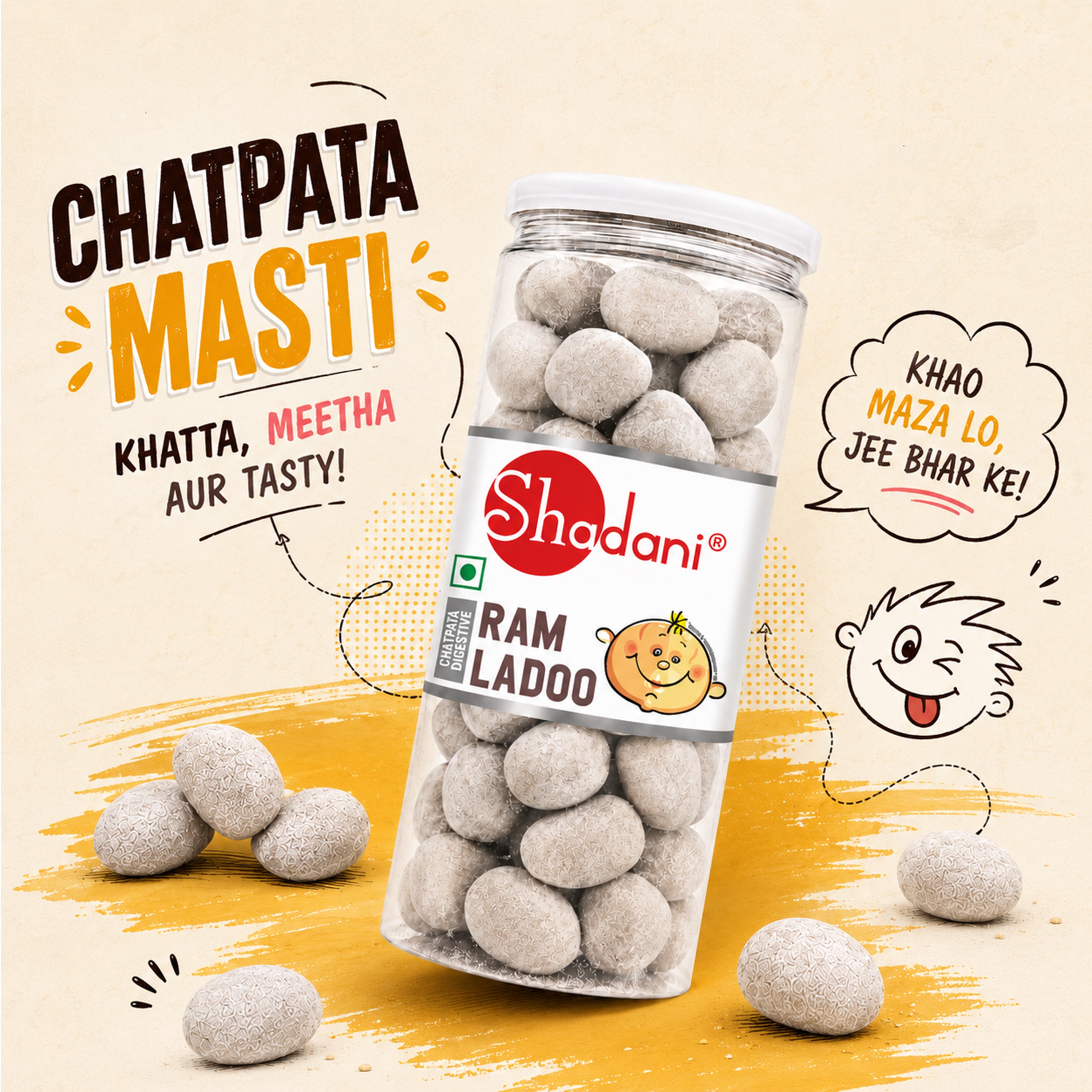 A clear plastic jar of Shadani Ram Ladoo candy with a white lid and a white label featuring the red Shadani logo, shown on a beige background with decorative text and cartoon doodles. Several light beige round ladoos are visible inside the jar and scattered around.