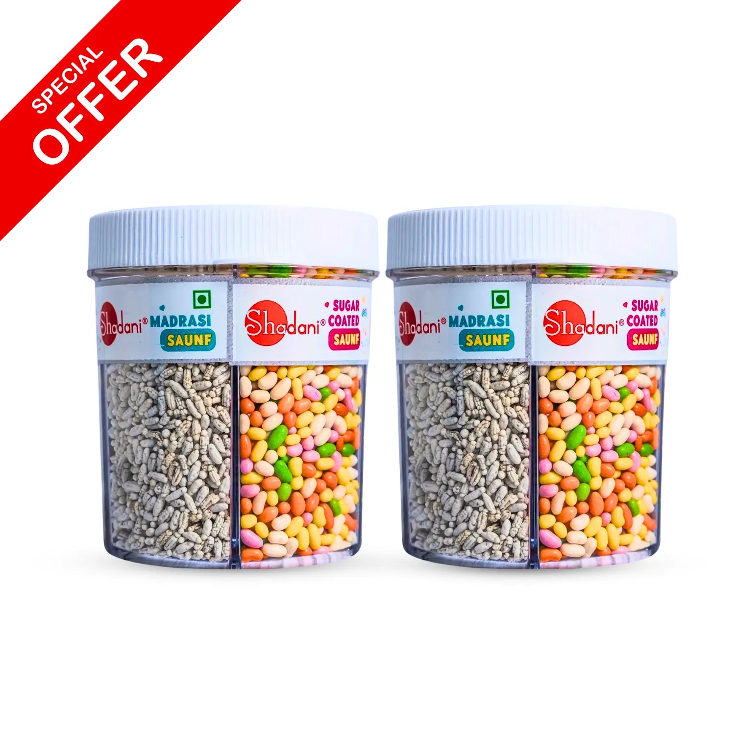 Two clear plastic jars of Shadani Madrasri Sugar Coated Snup with white lids, shown side by side on a white background with a red 'SPECIAL OFFER' banner in the top-left corner.