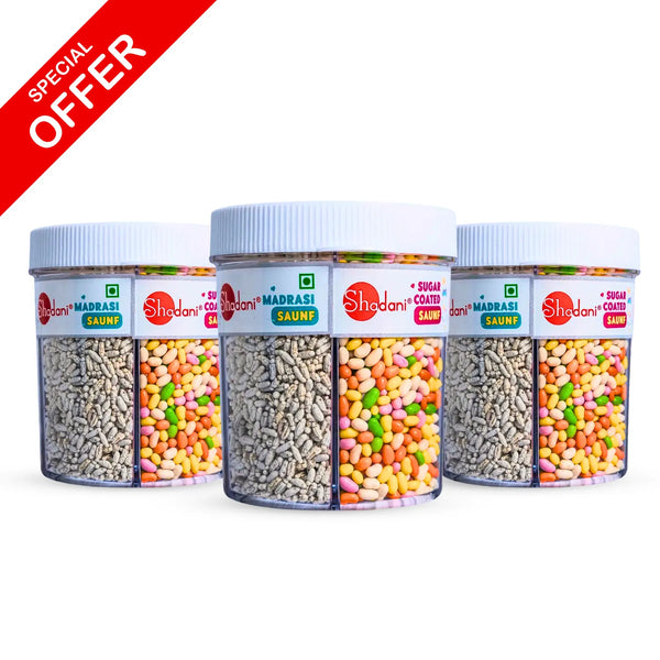 Three clear plastic jars of Shadadi Madrasai Saumpf sugar-coated snacks with white lids, arranged on a white background with a red 'SPECIAL OFFER' banner in the top-left corner.