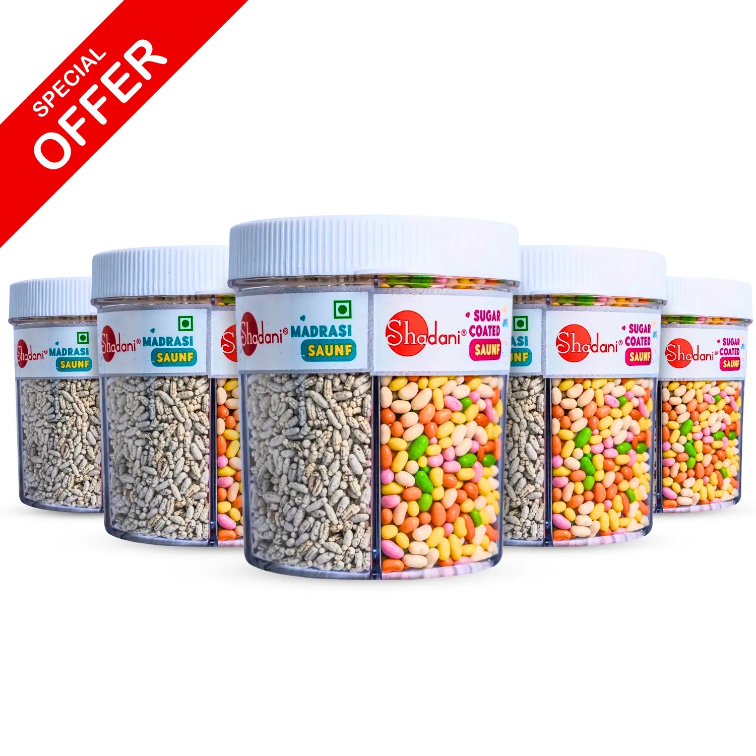 Five clear plastic jars of Shadani Madras! Saamp snack mix arranged in a fan shape on a white background, with a red 'SPECIAL OFFER' banner in the top-left corner. The jars contain various colorful and beige snack mix contents.