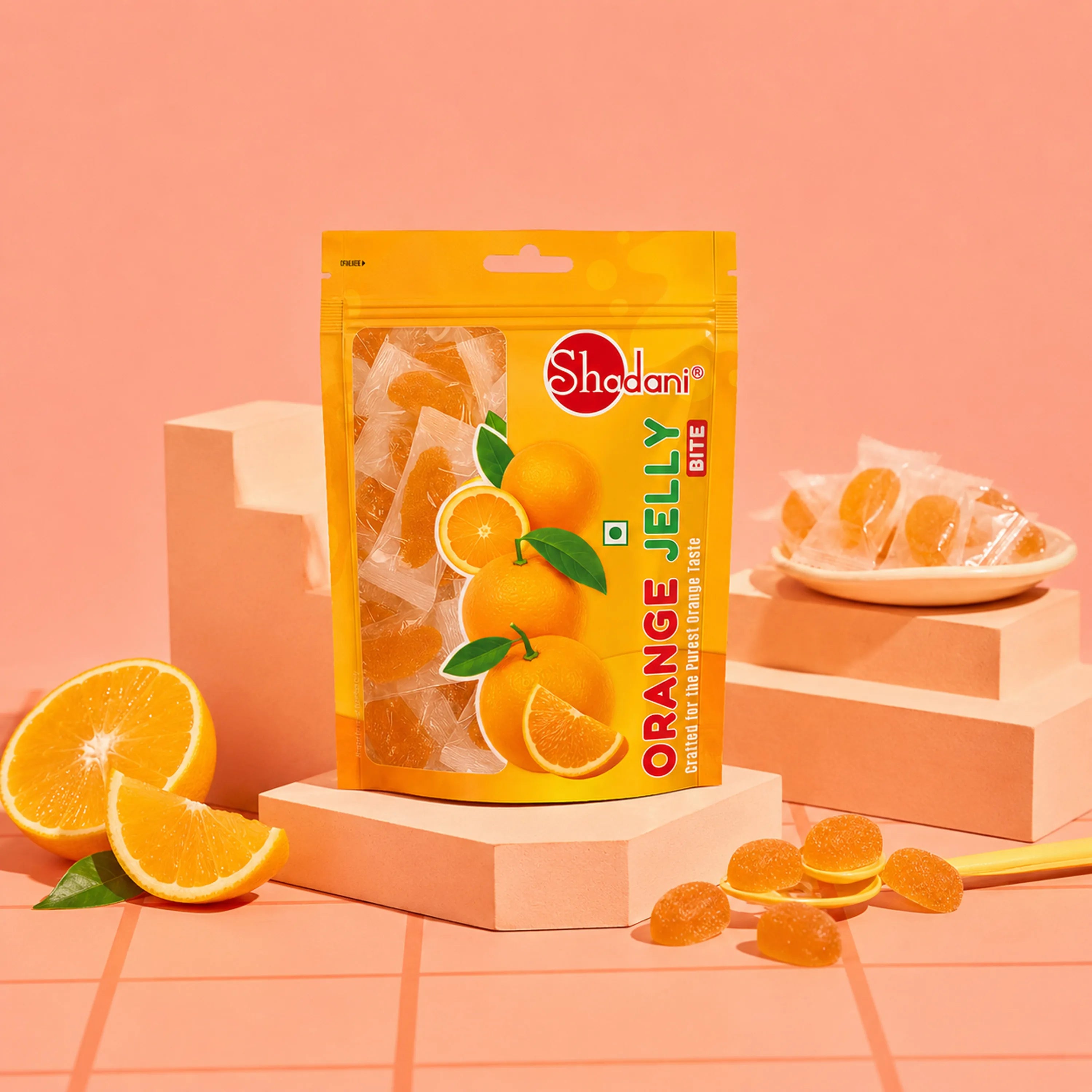 A bag of Shadani Orange Jelly gummy candies displayed on pink geometric blocks with sliced oranges and loose gummies on a peach-colored background.