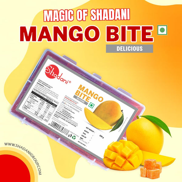 Mango Bite packaging with mangoes and Shadani logo on a yellow background