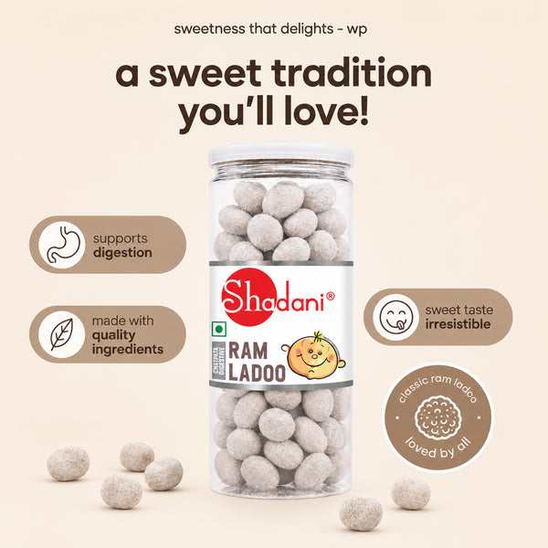 A clear plastic jar of Shodani Ram Ladoo sweets on a light beige background, surrounded by marketing text and icons highlighting digestion, quality ingredients, sweet taste, and classic flavor.