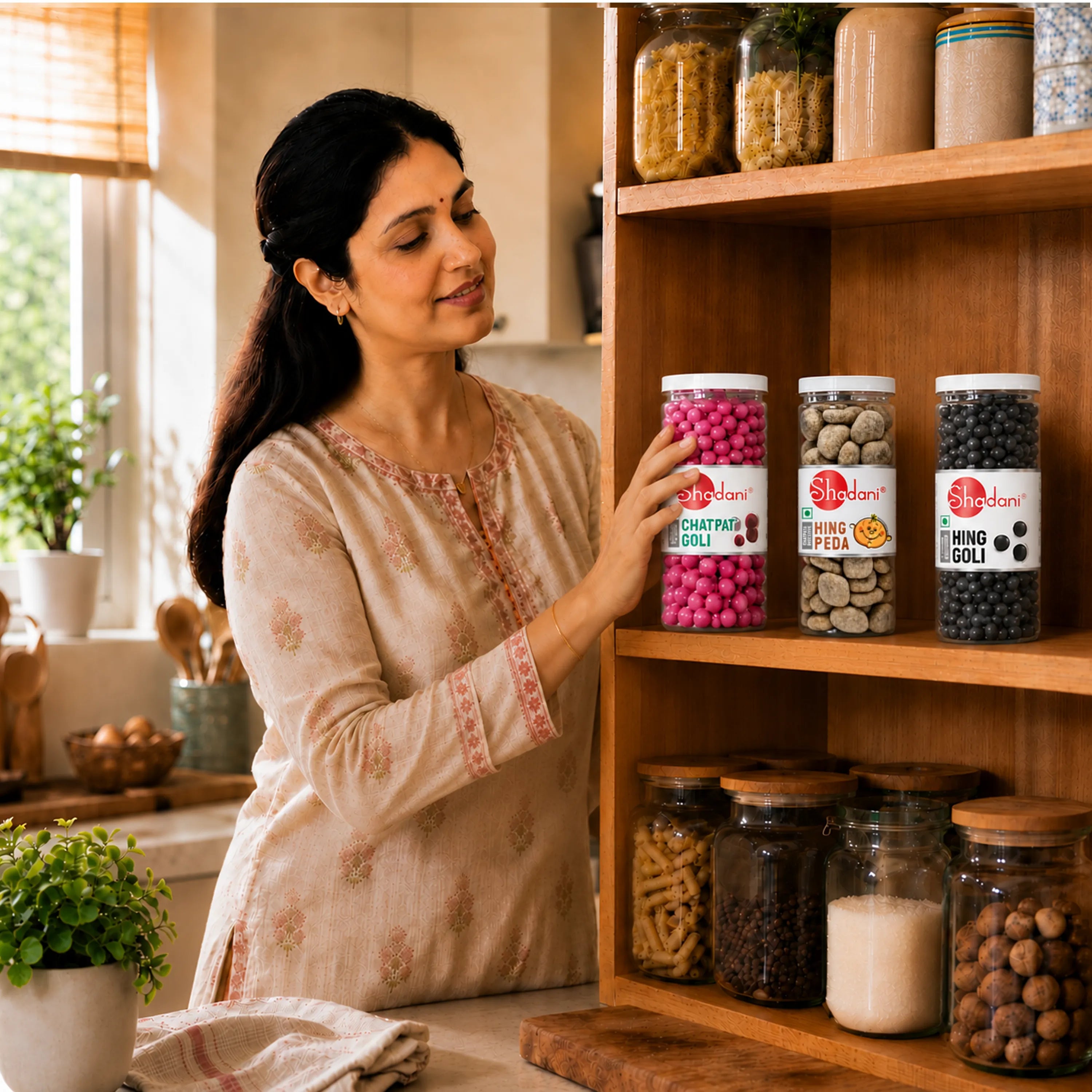 A woman in a beige embroidered kurta stands in a bright kitchen, reaching toward a wooden shelf stocked with glass jars of snacks and cereals. Three of the jars are clearly visible with labels reading 'Slimdo' and product names including Chutney Chunks, Mixed Fruits, and Chatpat Goli.