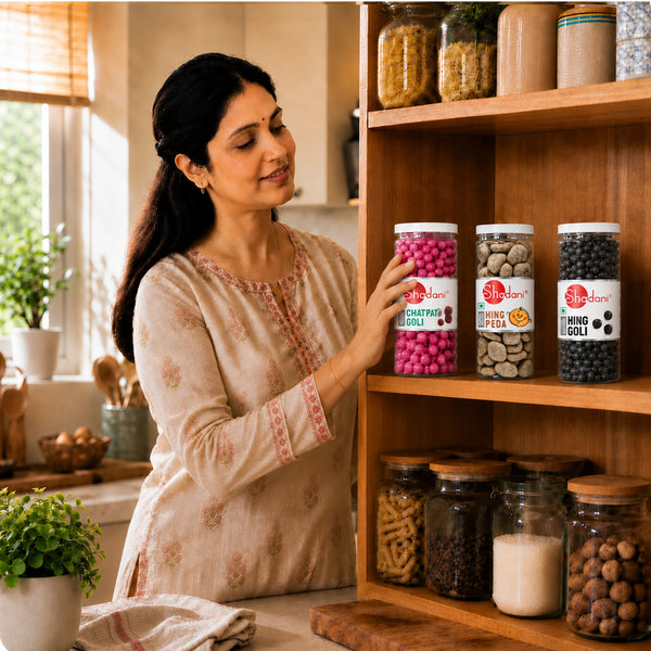 A woman in a beige embroidered kurta stands in a bright kitchen, reaching toward a wooden shelf stocked with glass jars of snacks and cereals. Three of the jars are clearly visible with labels reading 'Slimdo' and product names including Chutney Chunks, Mixed Fruits, and Chatpat Goli.
