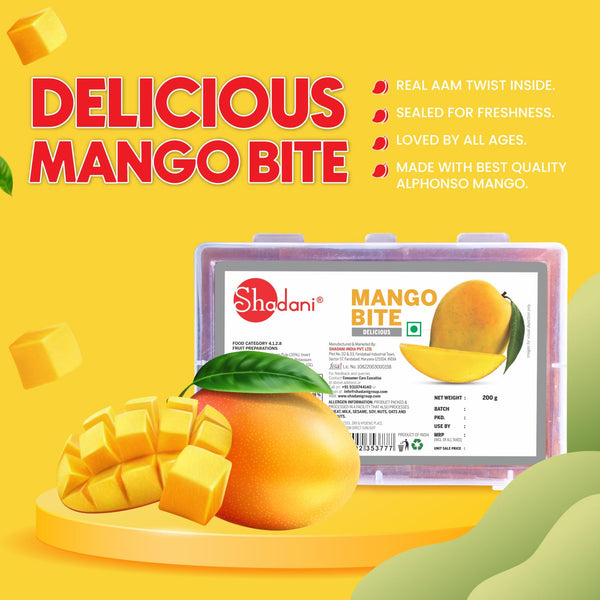 Shadani Mango Bite packaging with mangoes on a yellow background