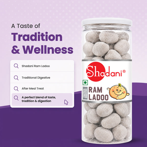 A clear cylindrical jar of Shadani Ram Ladoo digestive treats on a purple and lavender background, with marketing text and feature callouts on the left.