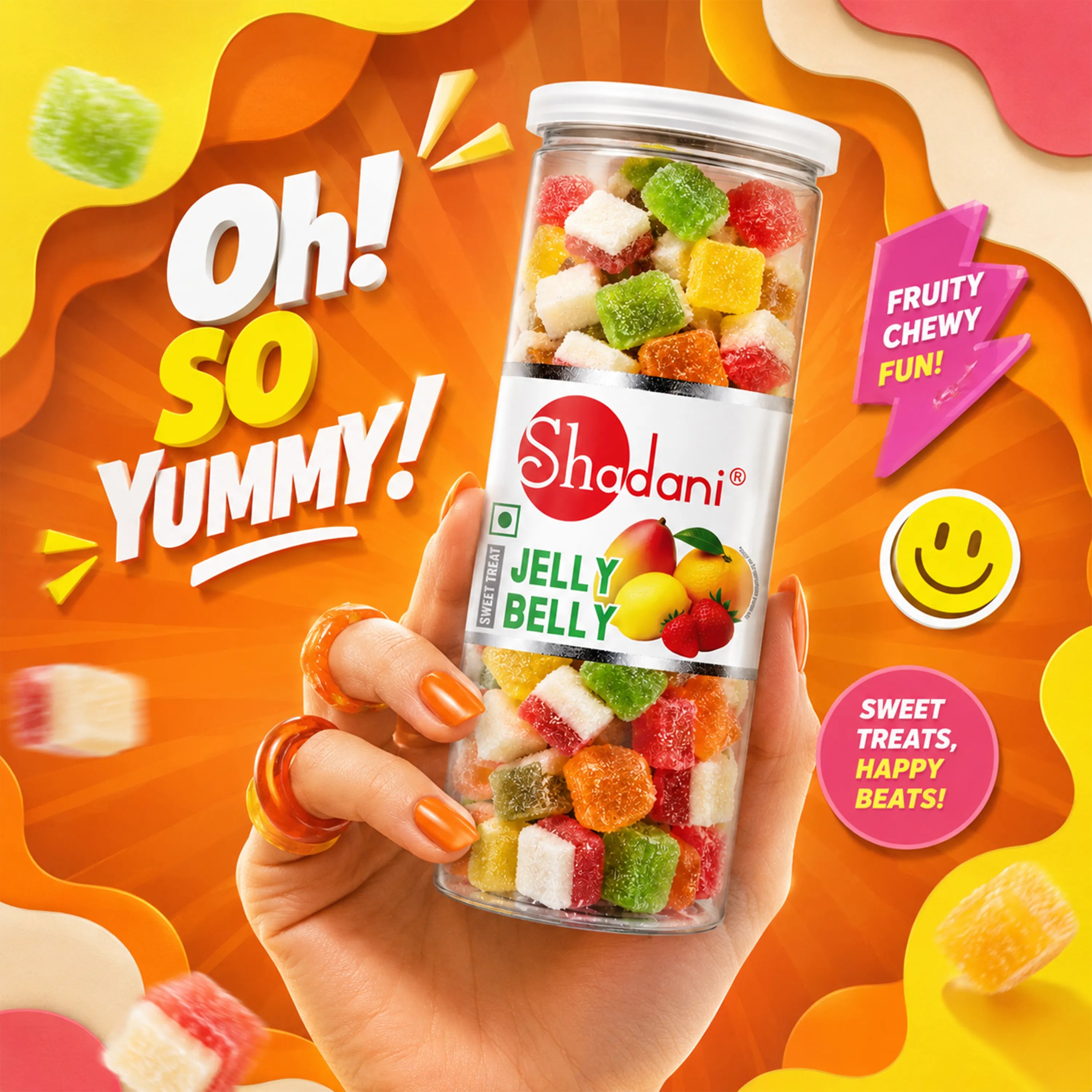 A hand holding a clear jar of Shadani Jelly Belly gummy candies, surrounded by colorful gummies and bright promotional text on a yellow and orange abstract background.