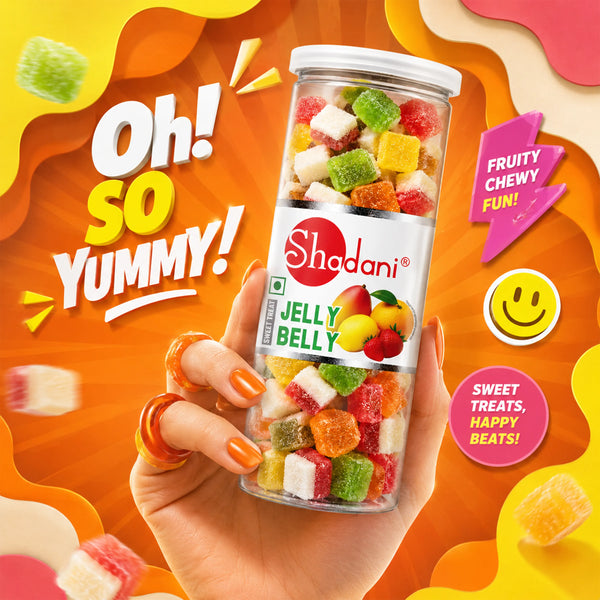 A hand holding a clear jar of Shadani Jelly Belly gummy candies, surrounded by colorful gummies and bright promotional text on a yellow and orange abstract background.