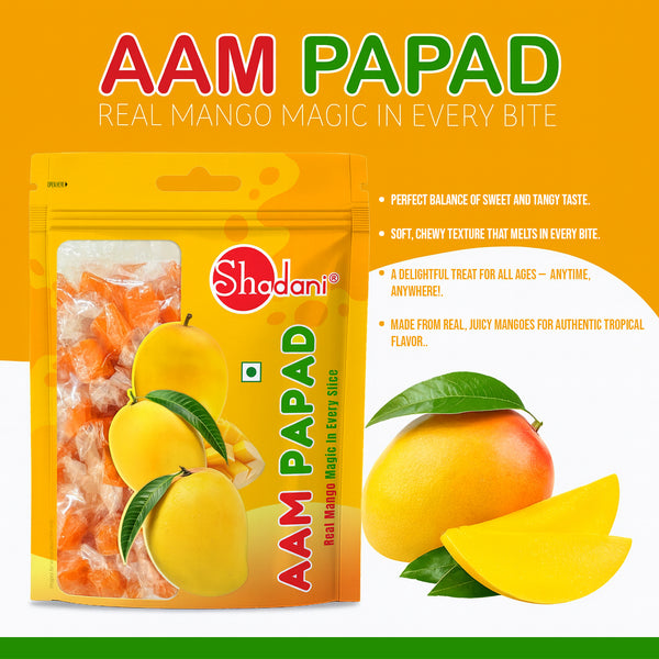 Shadani Aam Papad packaging with mangoes on a yellow background