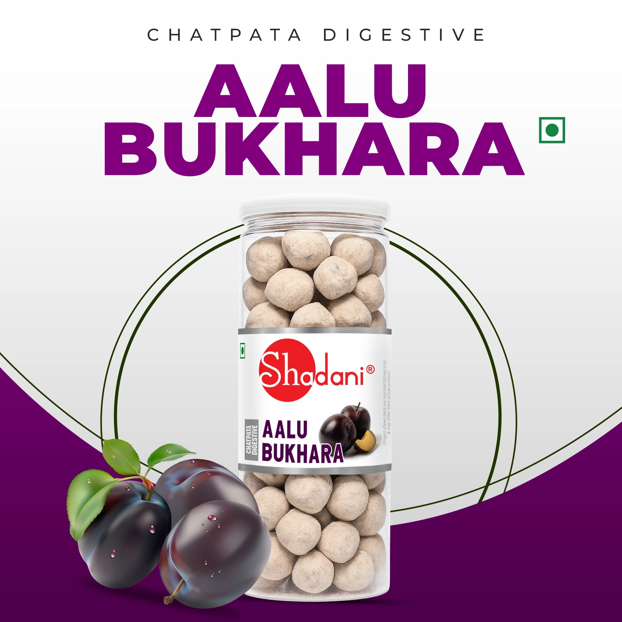 Jar of Shadani Aalu Bukhara with plum graphics on a purple and white background