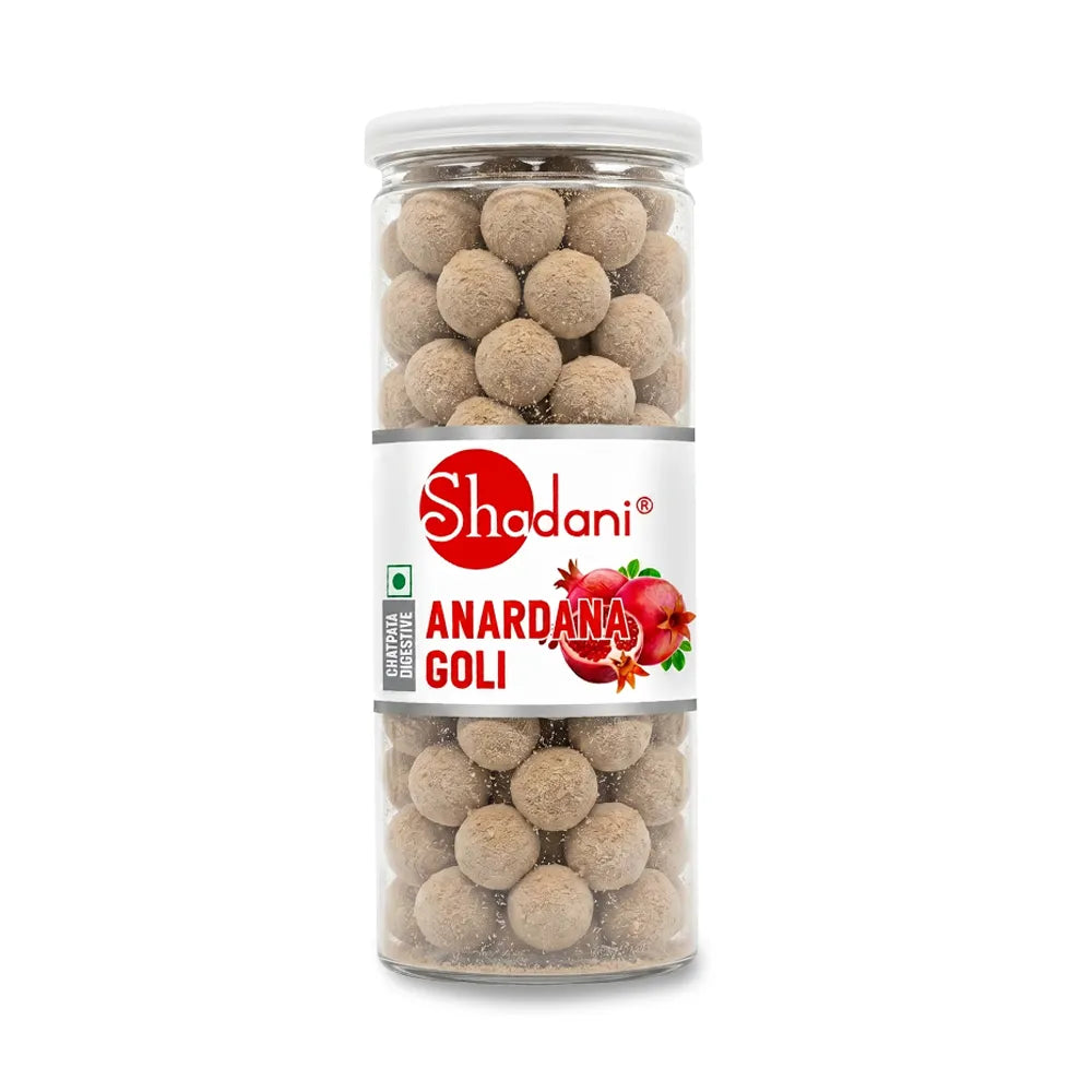 Jar of Shadani Anardana Goli on a white background