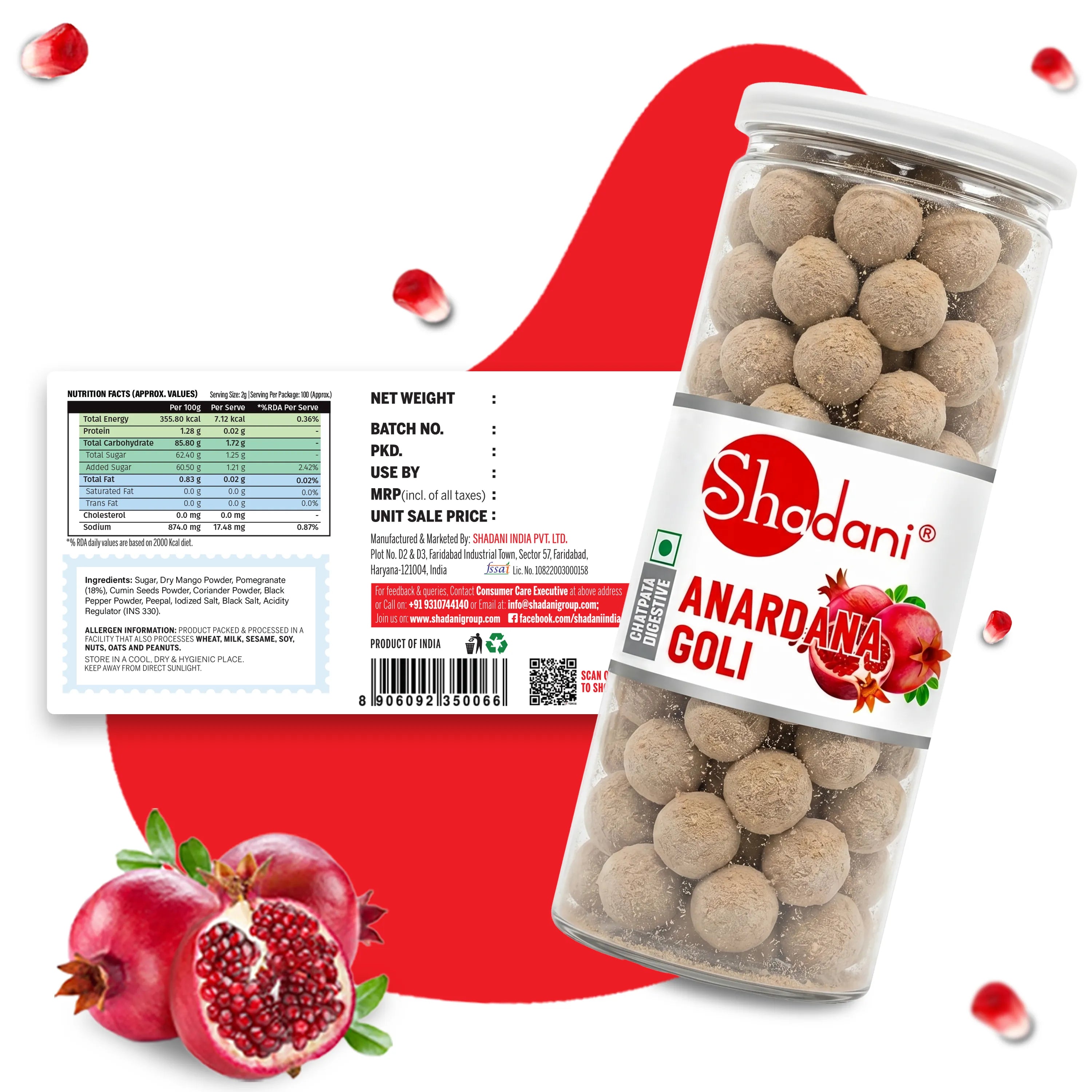 Shadani Anardana Goli packaging with pomegranate fruits on a white background