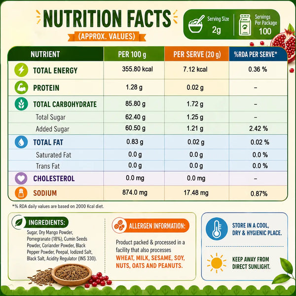 Nutrition facts label with detailed nutritional information and storage instructions.