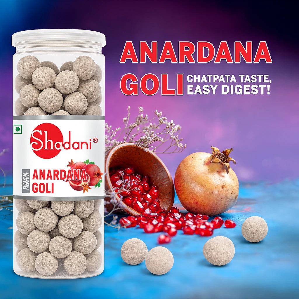 Shadani Anardana Goli packaging with pomegranate and seeds on a colorful background