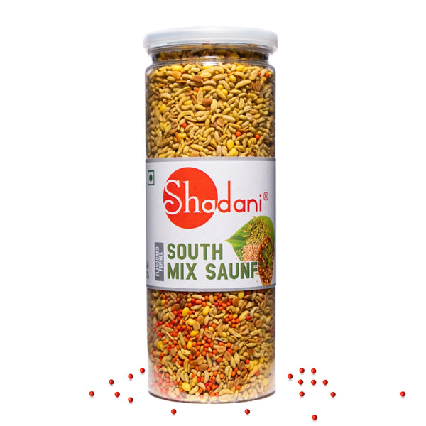 Jar of Shodani South Mix Saunf with visible spices on a white background