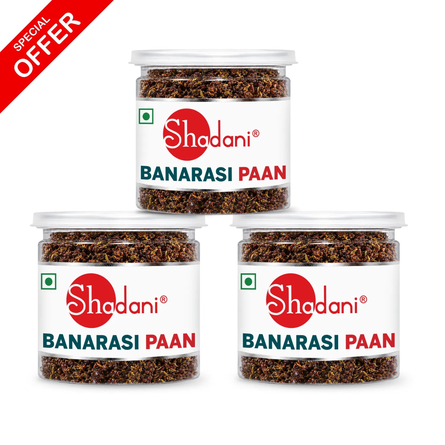 Three clear plastic jars of Shadani Banarasi Paan arranged in a pyramid on a white background, with a red 'SPECIAL OFFER' banner in the top-left corner.