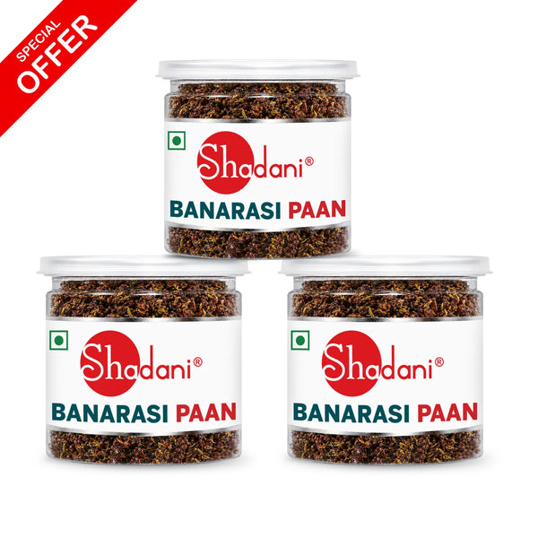 Three clear plastic jars of Shadani Banarasi Paan arranged in a pyramid on a white background, with a red 'SPECIAL OFFER' banner in the top-left corner.
