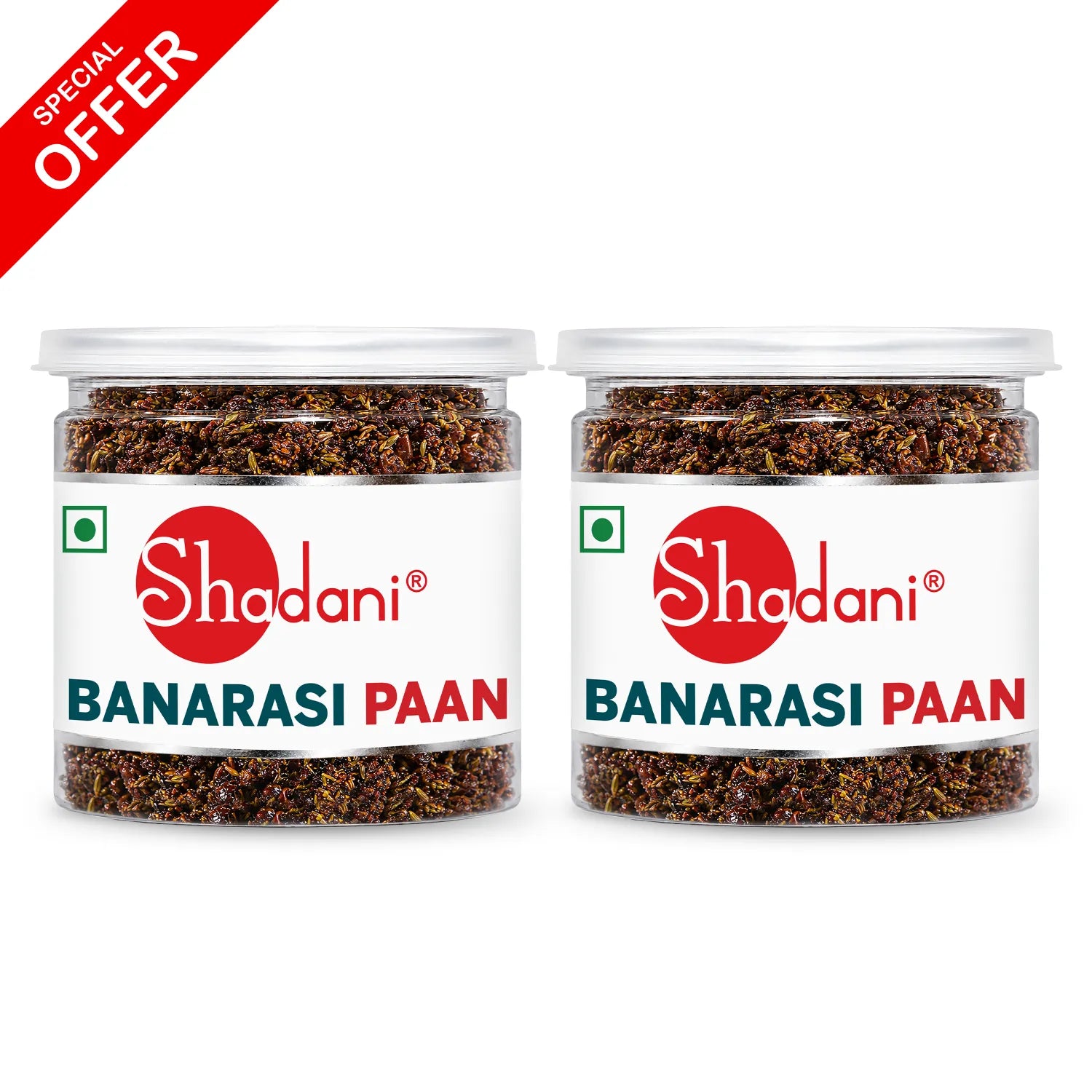 Two jars of Shadani Banarasi Paan shown side by side on a white background with a red 'SPECIAL OFFER' banner in the top-left corner. The jars contain dark brown herbal tea and have white labels with a red Shadani logo and blue and red text.