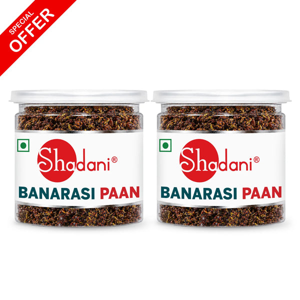Two jars of Shadani Banarasi Paan shown side by side on a white background with a red 'SPECIAL OFFER' banner in the top-left corner. The jars contain dark brown herbal tea and have white labels with a red Shadani logo and blue and red text.