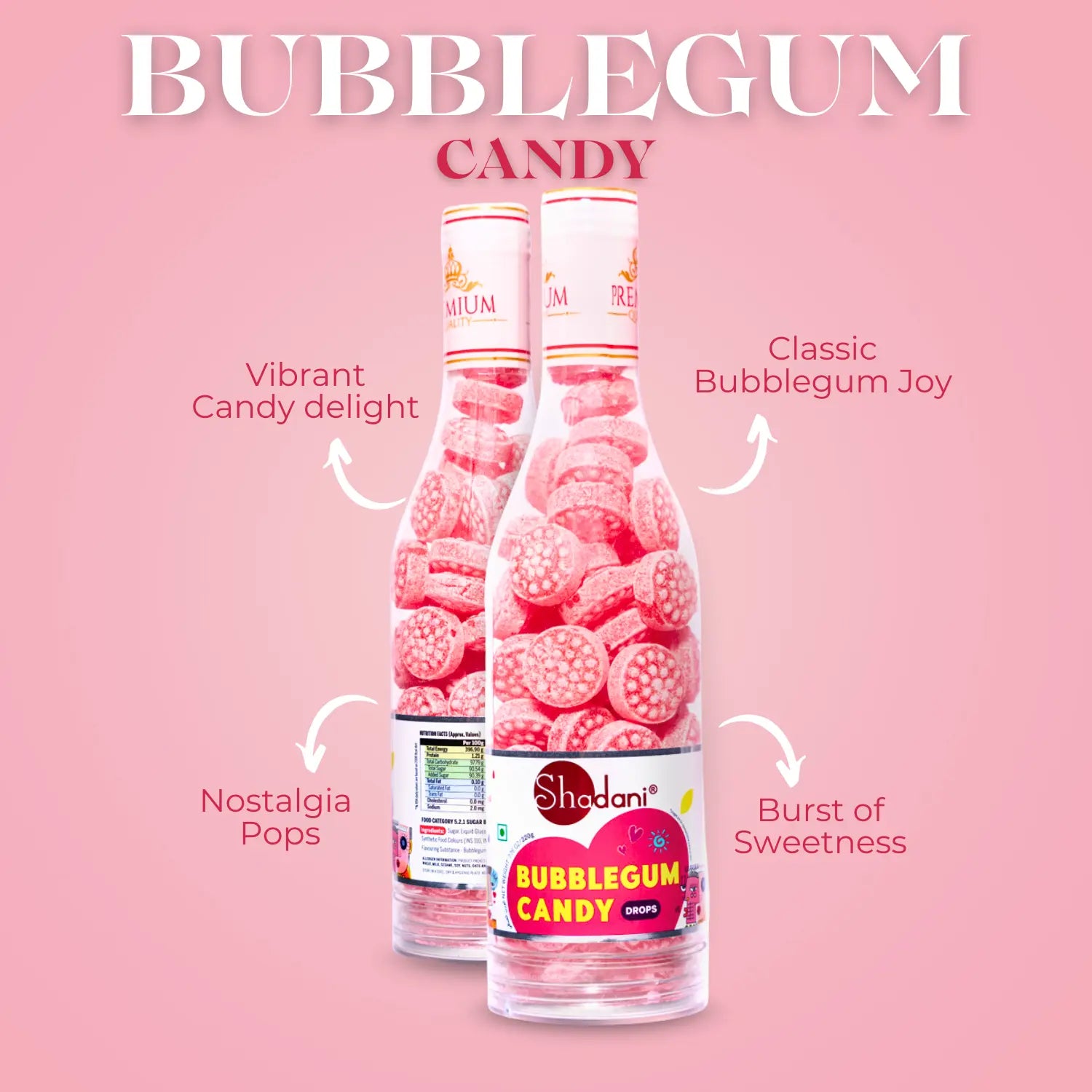 Bottle of Shadani bubblegum candy with text on a pink background