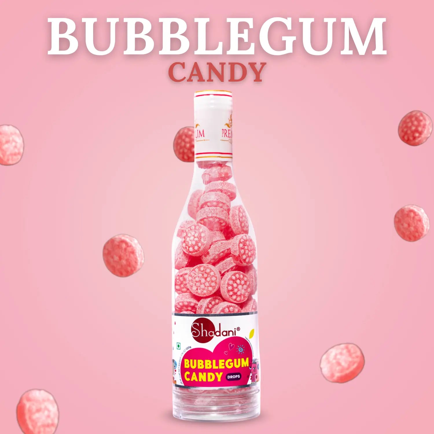 Bottle of Shadani Bubblegum Candy on a pink background with bubblegum candy pieces.