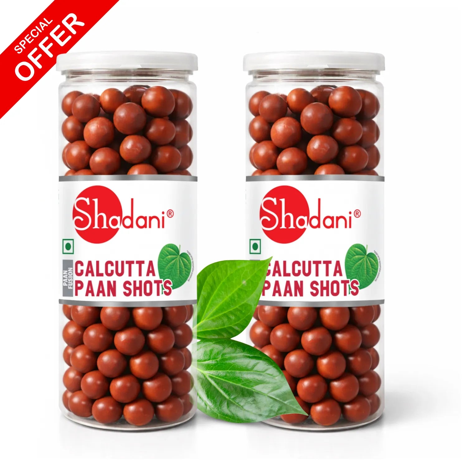 Two clear plastic jars of Shadani Calcutta Paan Shots with white lids and white labels, shown side by side on a white background with a red 'SPECIAL OFFER' banner in the top-left corner and green leaves in front.