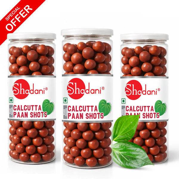 Three clear plastic jars of Shadani Calcutta Paan Shots filled with round brown tablets, arranged on a white background with a red 'SPECIAL OFFER' banner in the top-left corner and green leaves at the bottom right.