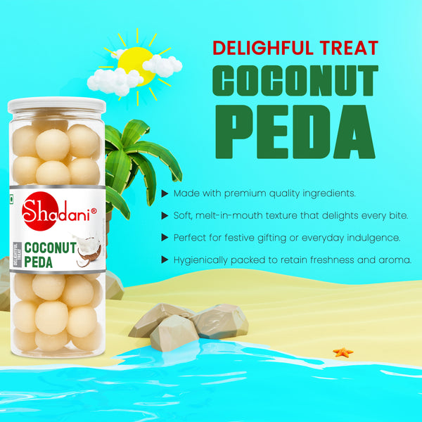 Jar of Shadani Coconut Peda with promotional text on a beach background