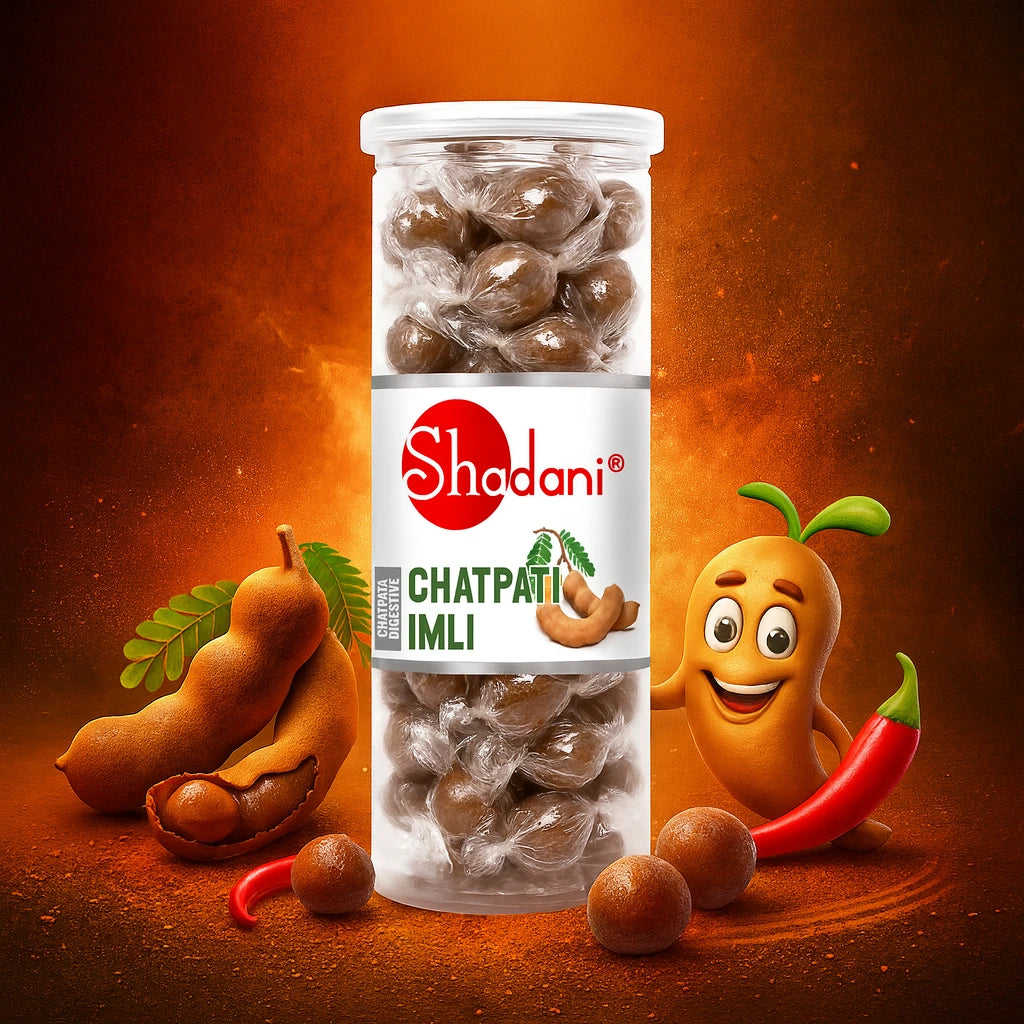 Jar of Shadani Chatpati Imli with cartoon character and tamarind pods on an orange background