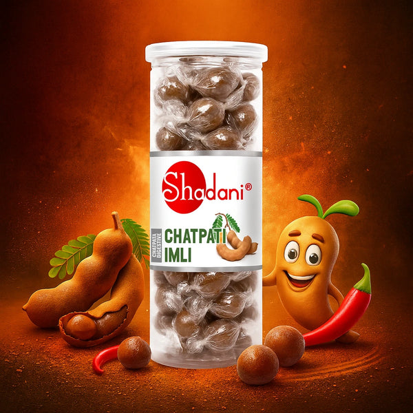Jar of Shadani Chatpati Imli with cartoon character and tamarind pods on an orange background