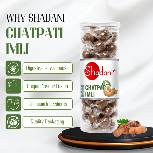 Shadani Chatpati Imli packaging with features listed on a white background