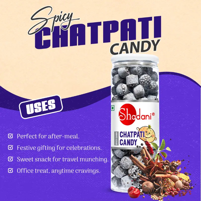 Spicy Chatpati candy packaging with ingredients on a purple and beige background