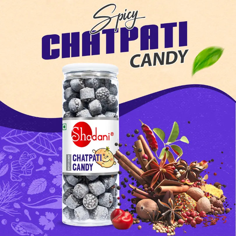 Shadani Spicy Chatpati Candy packaging with spices and herbs on a purple and beige background