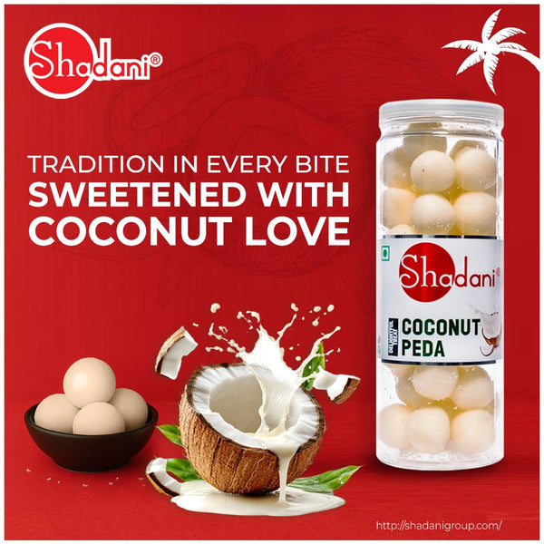 Shadani coconut peda packaging with coconut and milk elements on a red background