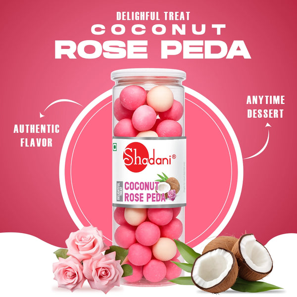 Jar of coconut rose peda with Shadani branding on a pink background