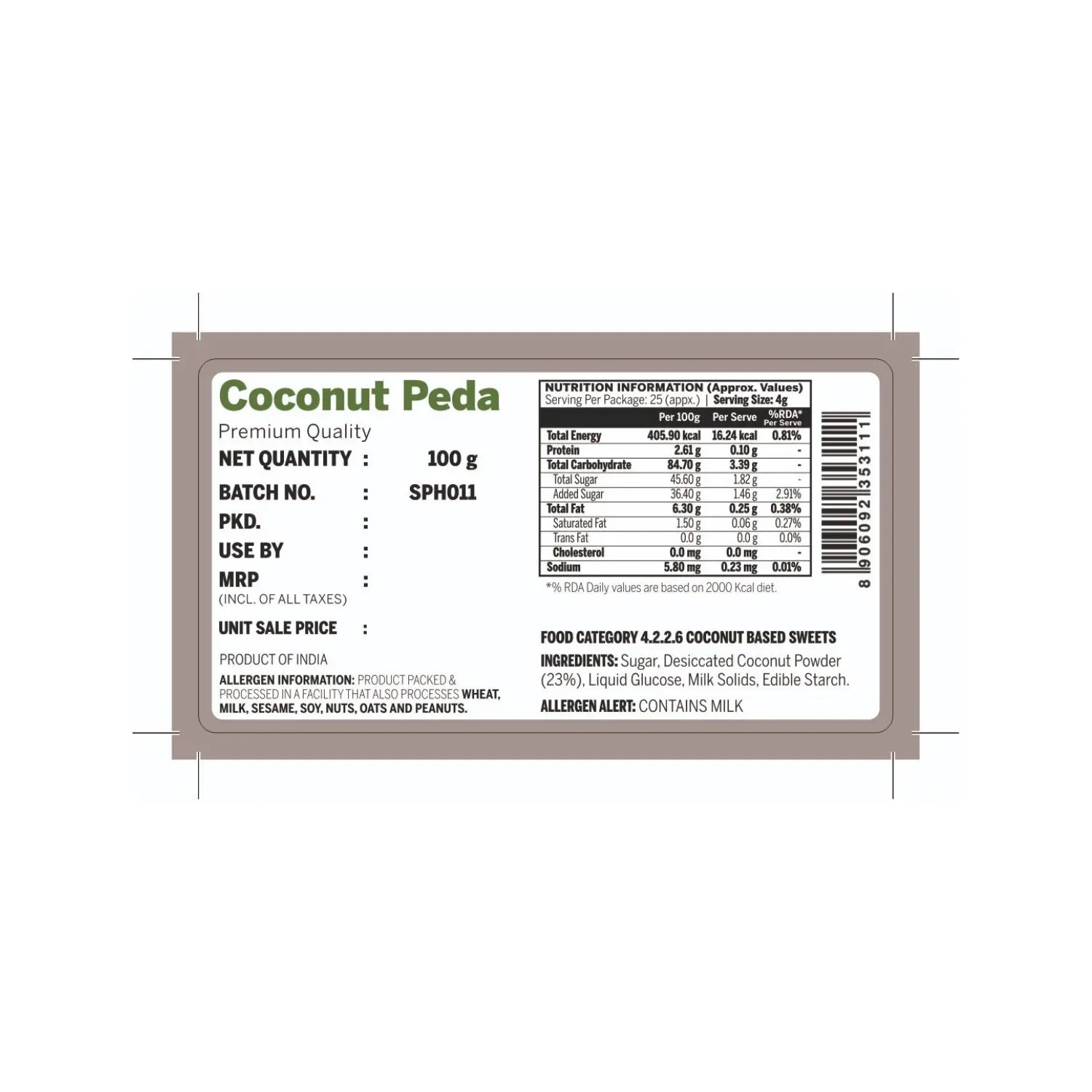 A rectangular product label for Coconut Peda premium quality sweets, showing text details, nutritional information, and barcode on a white background.