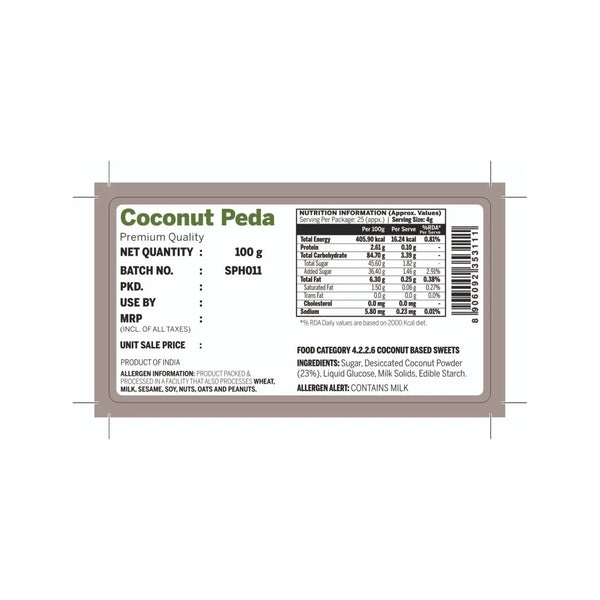 A rectangular product label for Coconut Peda premium quality sweets, showing text details, nutritional information, and barcode on a white background.