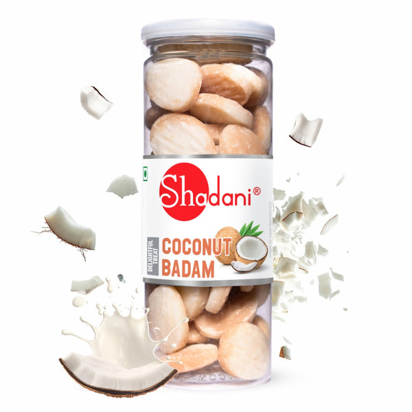 Jar of Shadani Coconut Badam with coconut pieces and cream on a white background