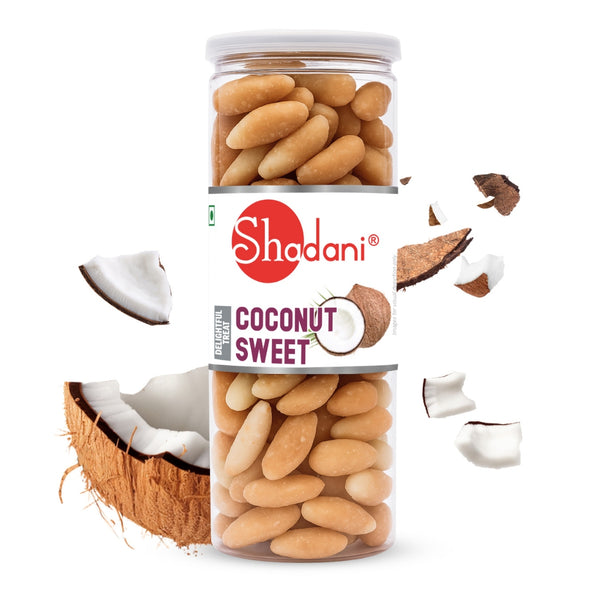 Jar of Shadani coconut sweet with coconut pieces on a white background