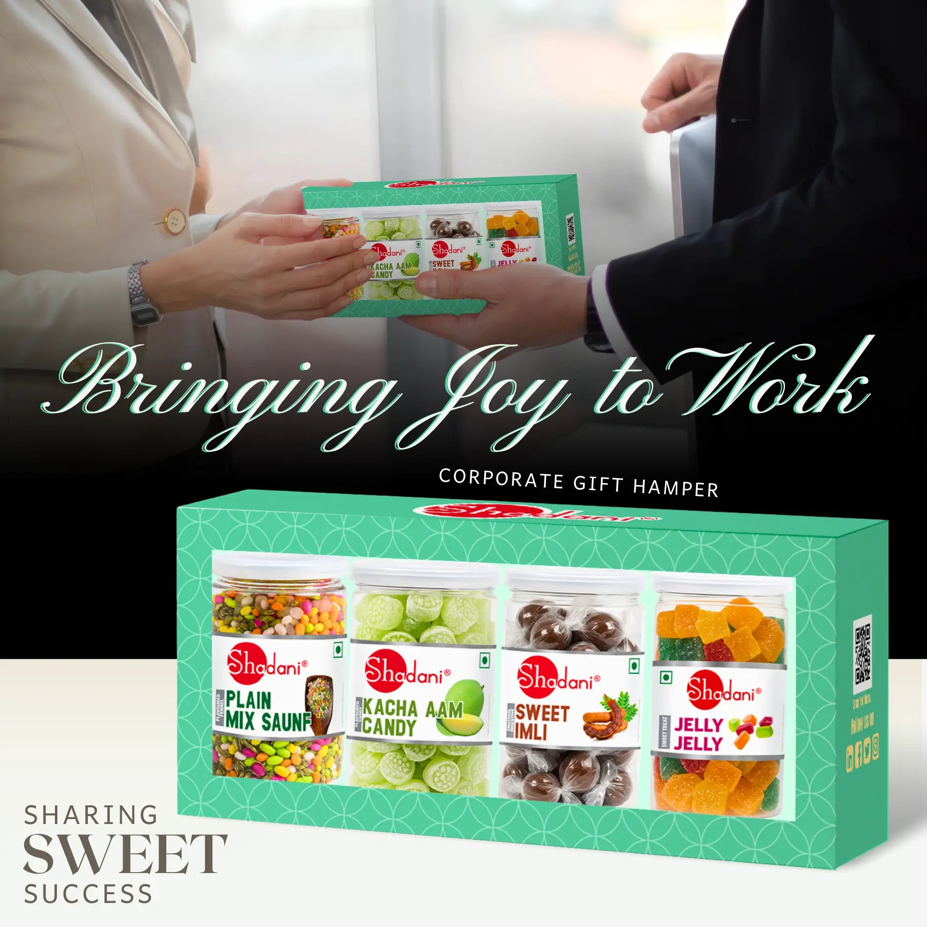 Corporate gift hamper being handed over with text 'Bringing Joy to Work' and 'Sharing Sweet Success'.