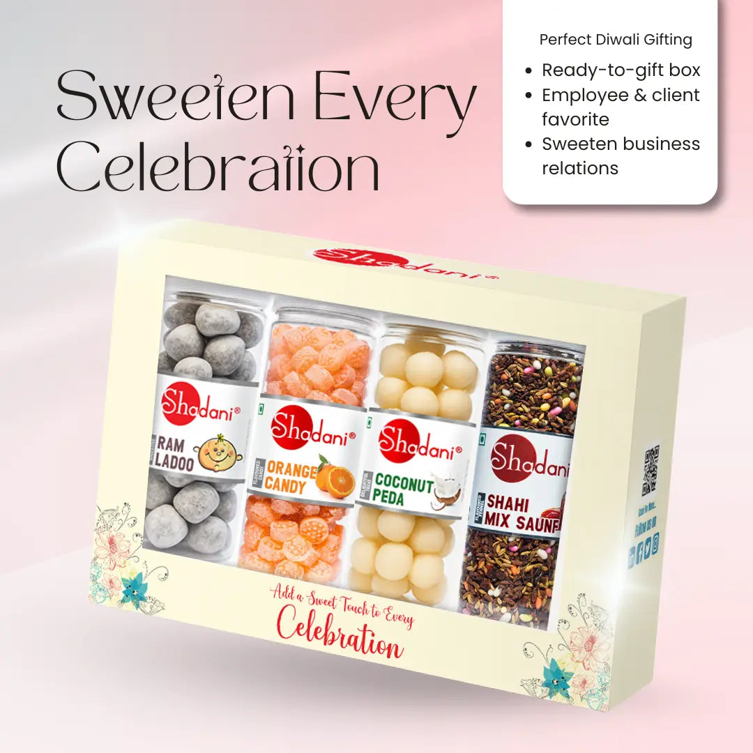 Shadani candy box with various flavors on a light pink background