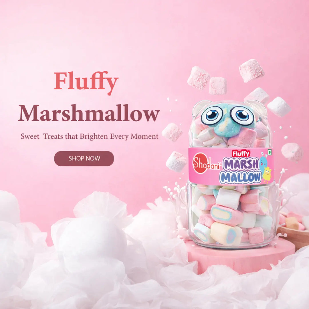 Jar of marshmallows with a plush toy on a pink background, featuring the brand 'Shadani' Special can banner for phone