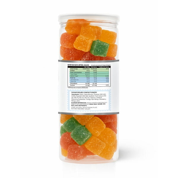 Jar of gummy candies with a label on a white background