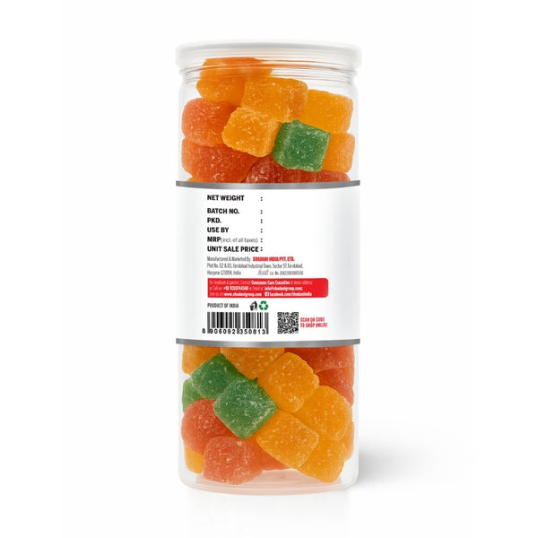 Jar of gummy candies with a label on a white background