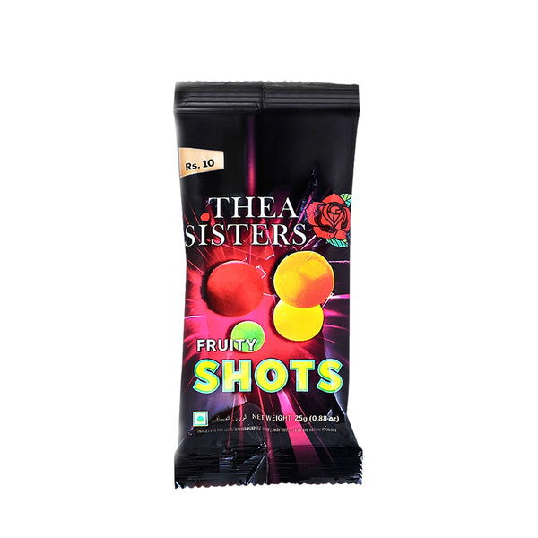 A pack of Thea Sisters Fruity Shots candy with vibrant colors and multiple fruits depicted on the packaging.