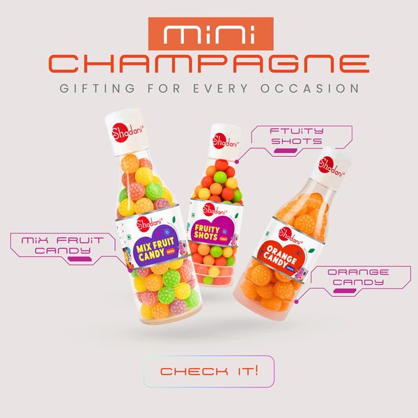 Shades candy products with 'mini Champagne' branding on a light gray background