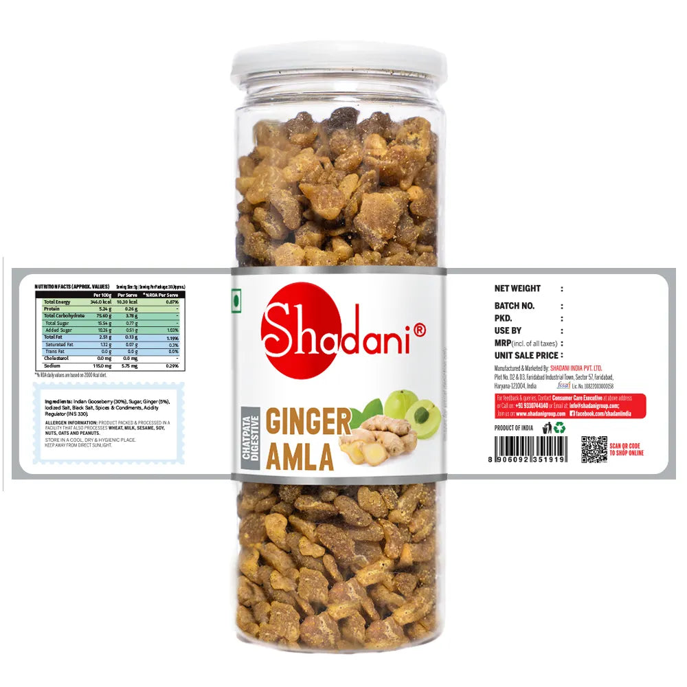 Can of Shadani Ginger Amla snacks with label on a white background