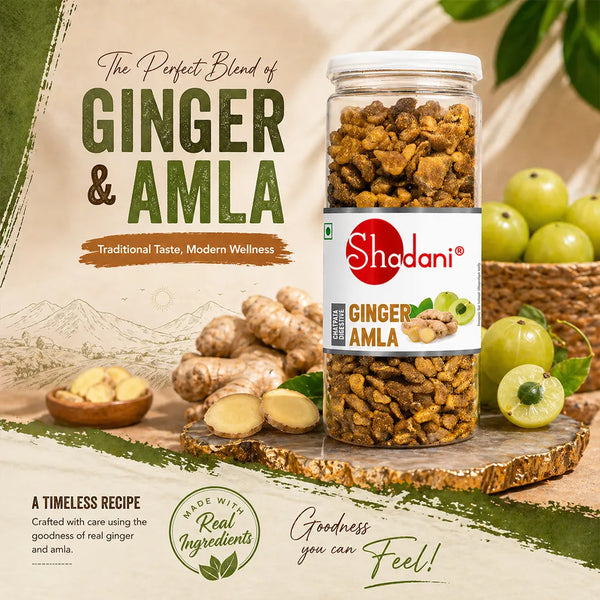 Shadani Ginger & Amla product with ginger and amla ingredients on a wooden board.
